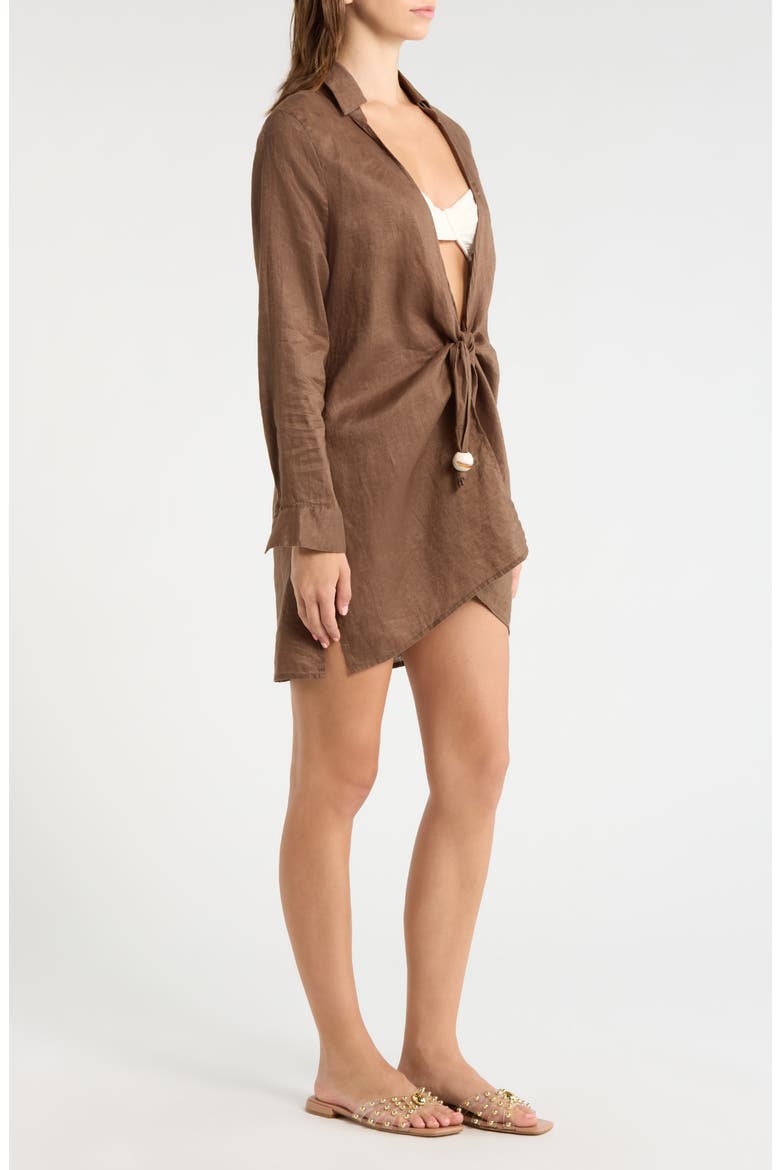 Tie Front Long Sleeve Linen Cover-Up, Alternate, color, BROWN
