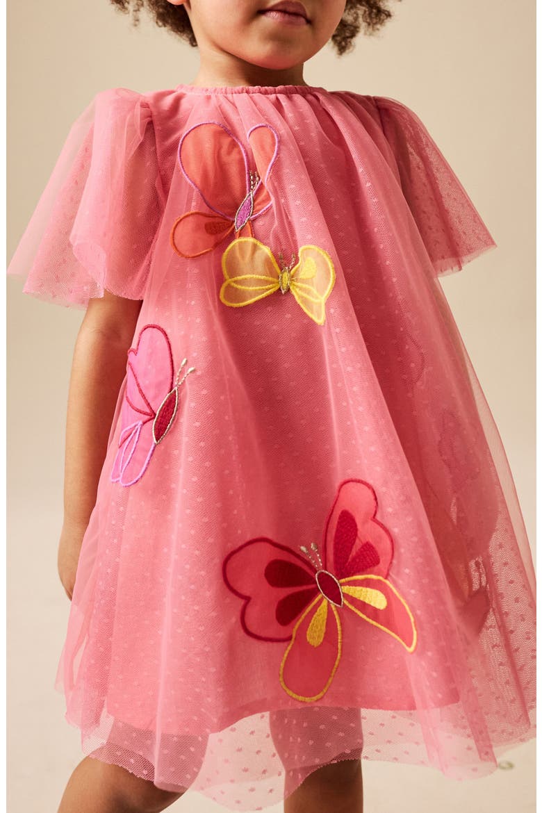 Kids' Butterfly Appliqué Mesh Party Dress, Alternate, color, CORAL BUTTERFLY
