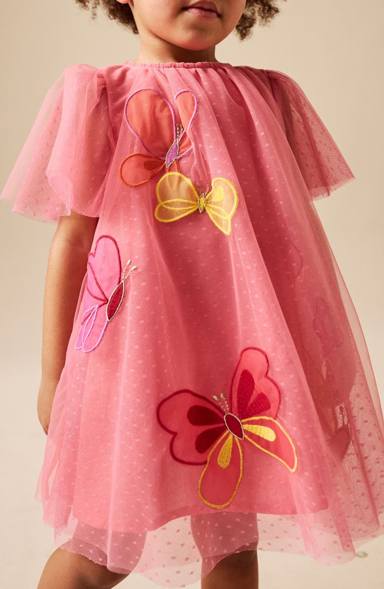 NEXT Kids' Butterfly Appliqué Mesh Party Dress, Alternate, color, Coral Butterfly