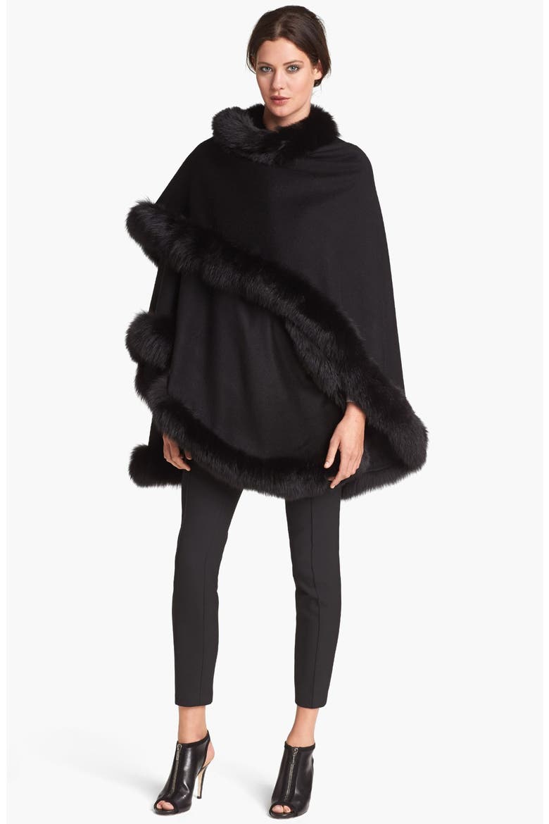 Genuine Fox Fur Trim Cape, Main, color, OLD BLACK