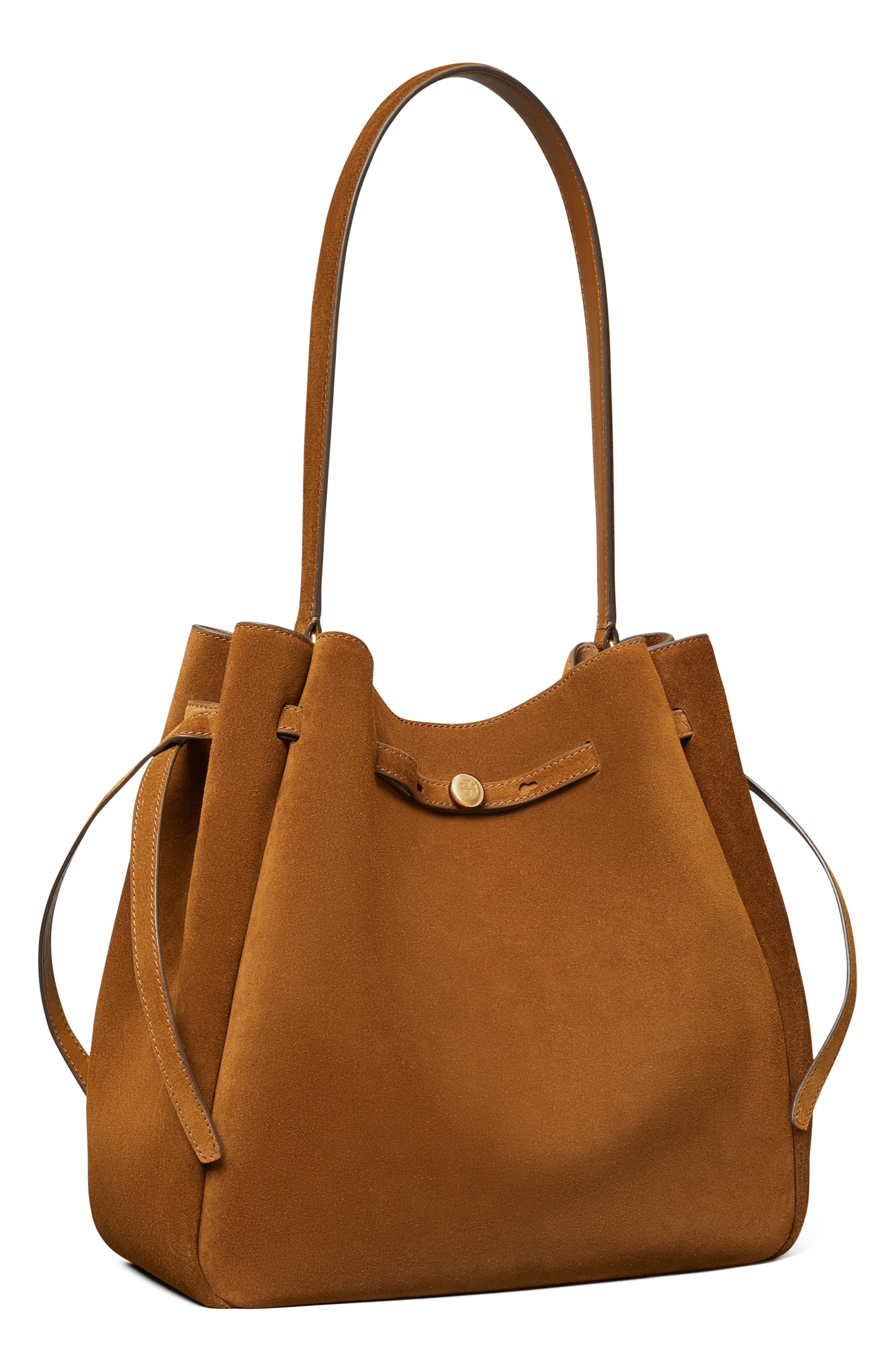 Tory Burch Large Romy Suede Bucket Bag, Alternate, color, Caramel