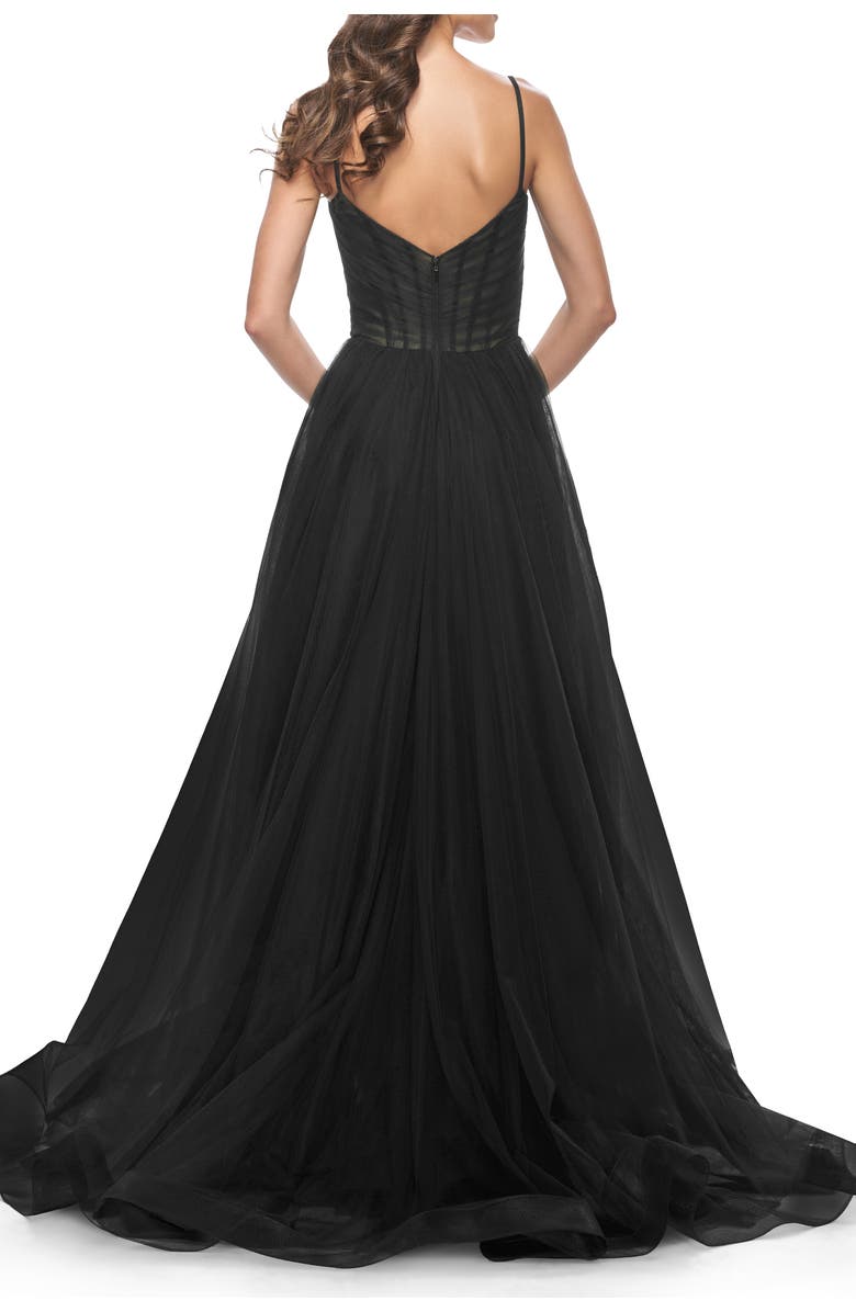 La Femme Simple Tulle A-LIne Prom Dress with Ruched Illusion Bodice, Alternate, color, Black