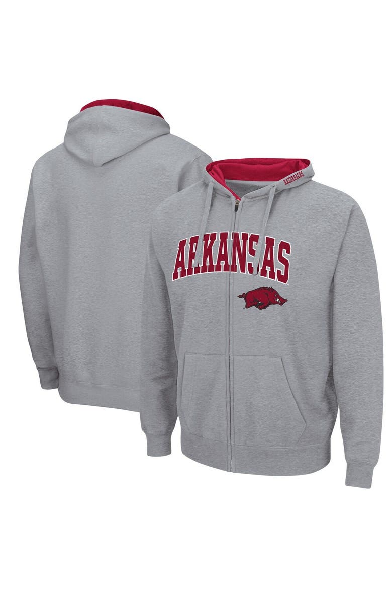 Men's Colosseum Heathered Gray Arkansas Razorbacks Arch & Logo 3.0 Full-Zip Hoodie, Main, color, Heather Gray