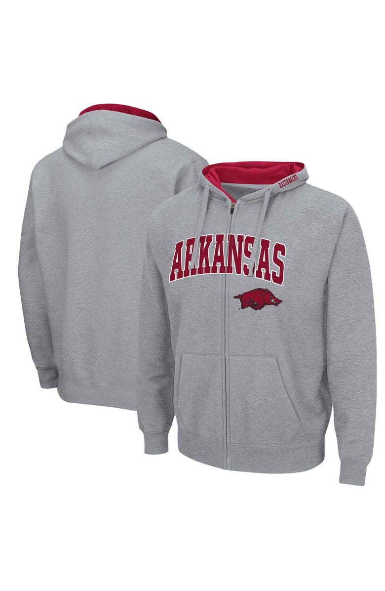 COLOSSEUM Men's Colosseum Heathered Gray Arkansas Razorbacks Arch & Logo 3.0 Full-Zip Hoodie, Main, color, Heather Gray
