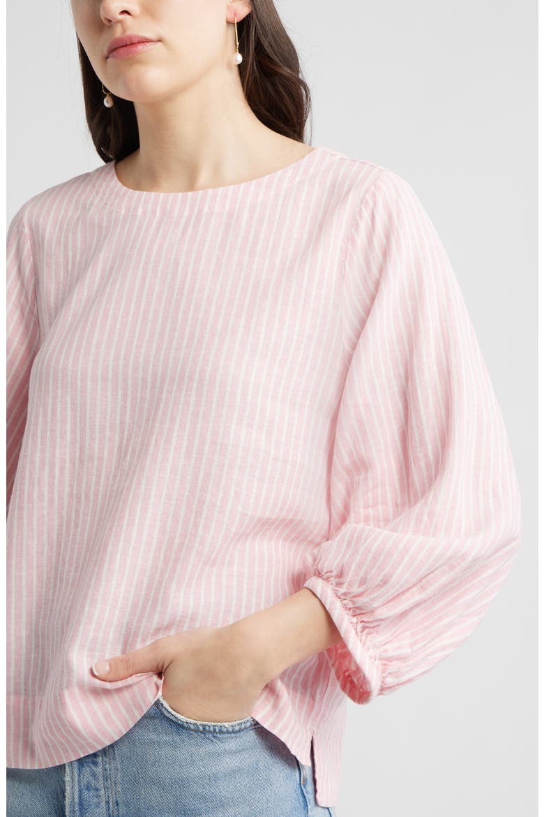 Balloon Sleeve Linen Blend Top, Alternate, color, PINK- IVORY PENNY STRIPE