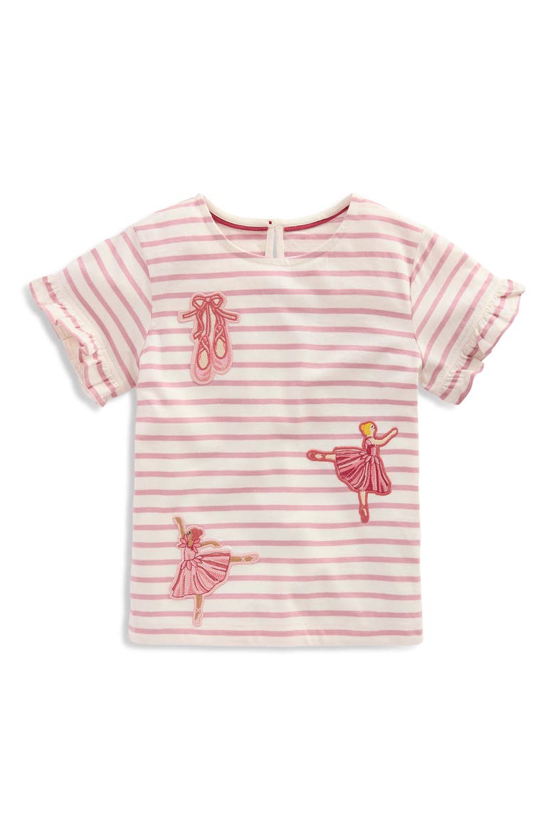 Kids' Pretty Frill Appliqué Stripe Ruffle T-Shirt, Main, color, PINK STRIPE BALLERINAS
