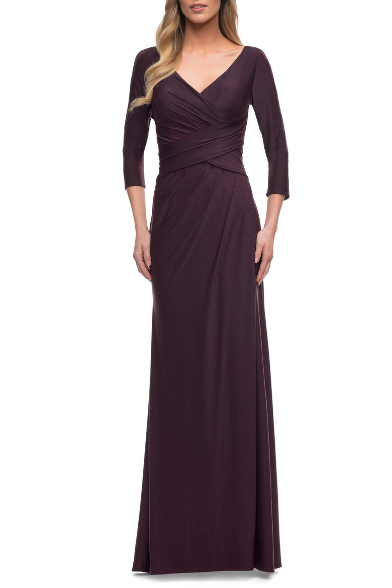 Ruched Bodice Sheath Gown, Main, color, DARK GARNET