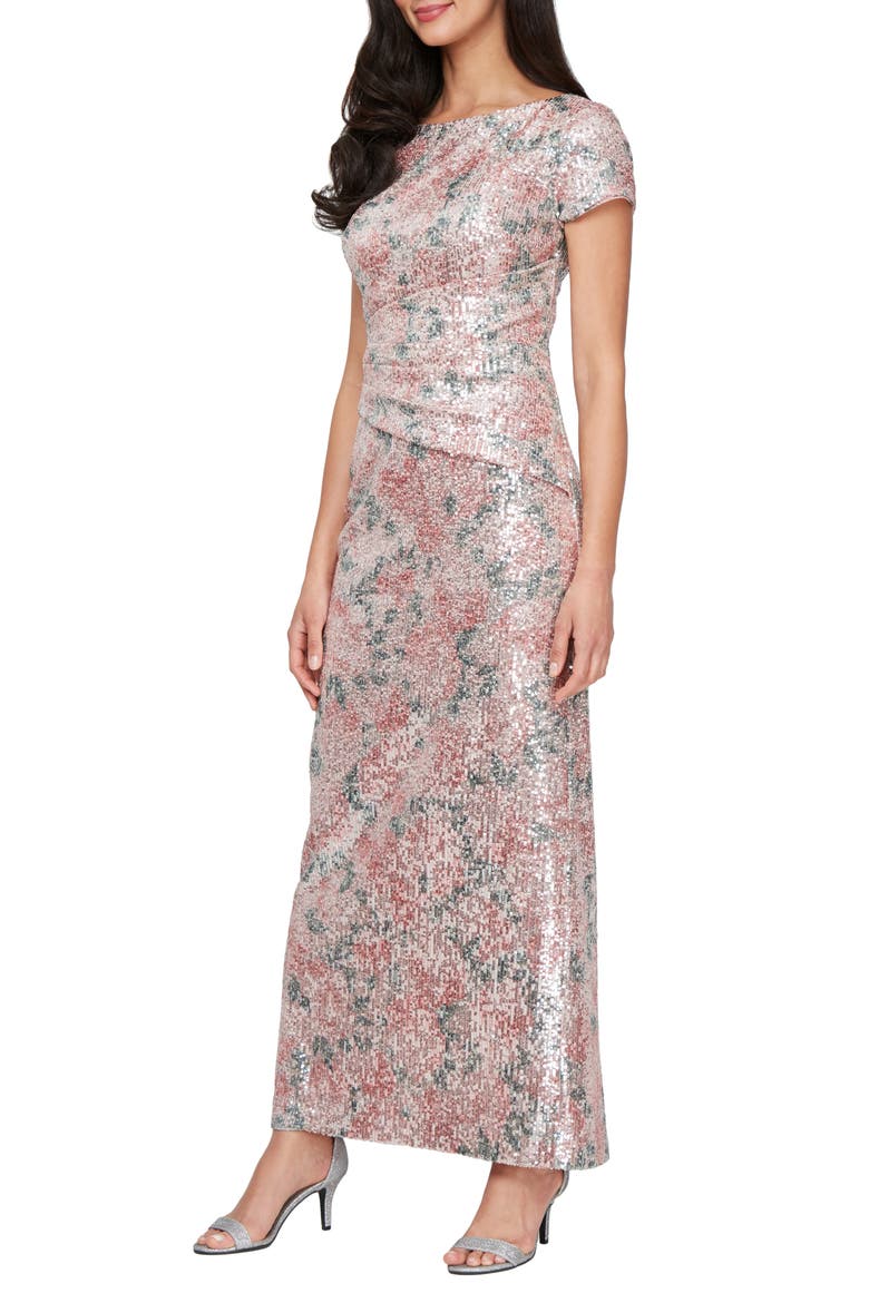 Rose Print Sequin Gown, Main, color, BLUSH MULTI