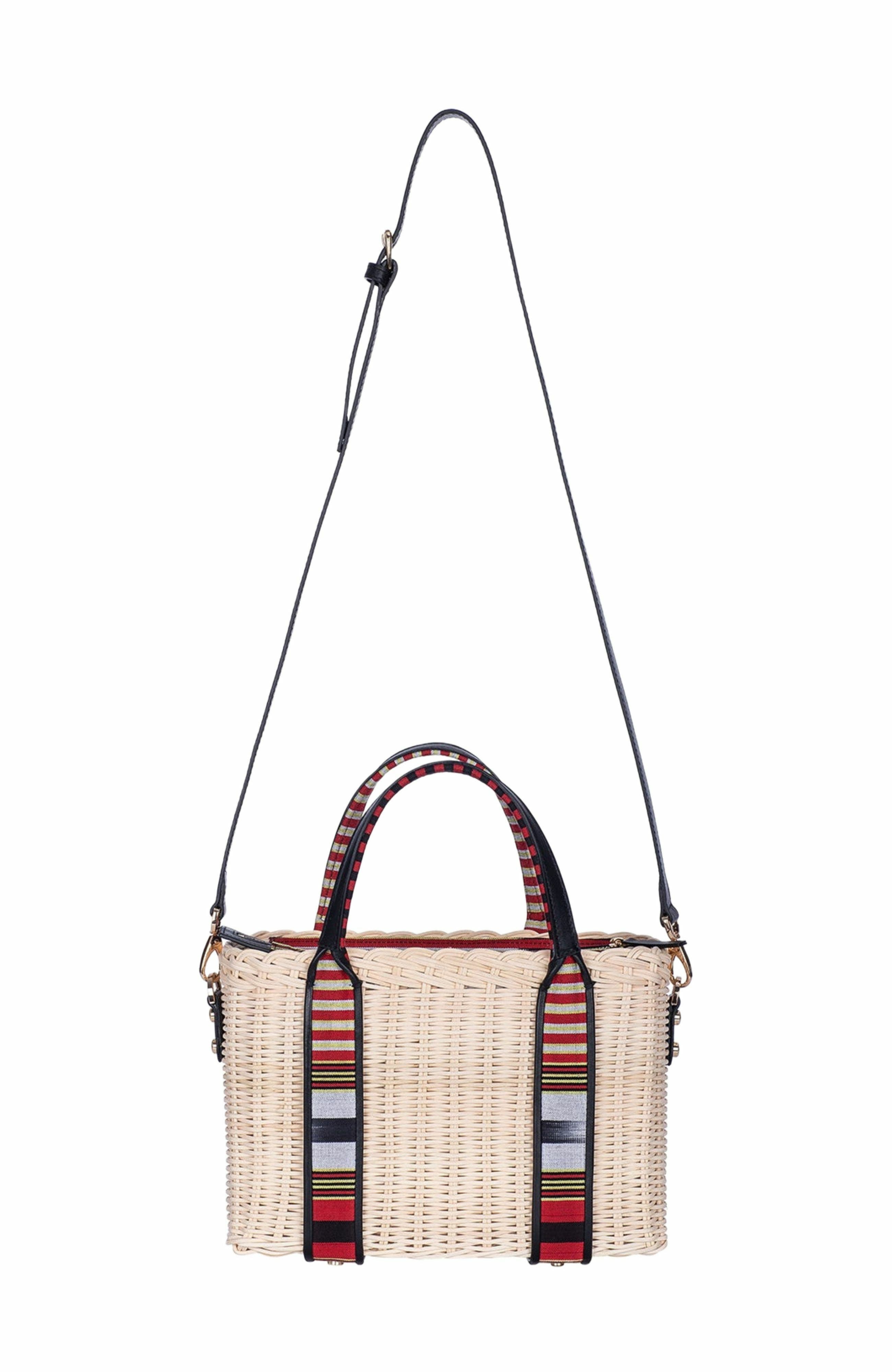 K'ai & Vrosi Woven Straw Handbag with Leather Trimmed Handles, Alternate, color, Black