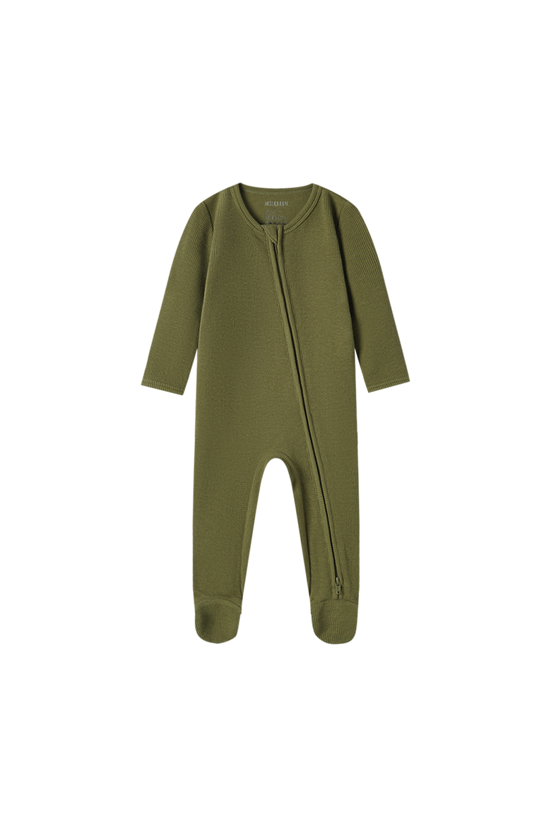 Waffle Zipper Footed Romper, Main, color, Olive