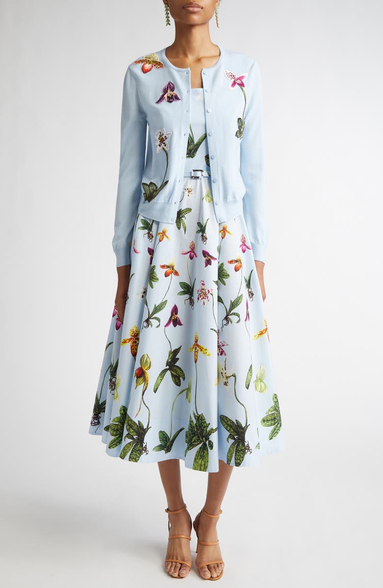 Oscar de la Renta Orchid Embroidered Virgin Wool Cardigan, Alternate, color, Light Blue