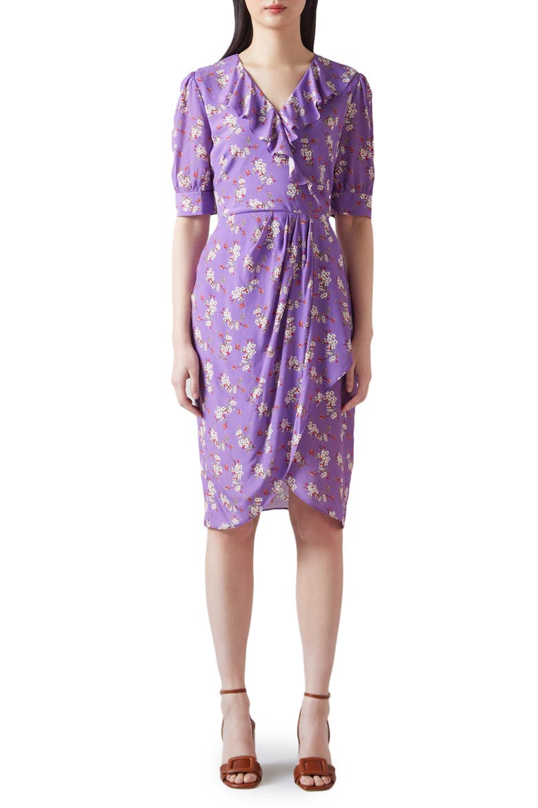 Ophelia Floral Short Sleeve Faux Wrap Dress, Main, color, MULTI-PURPLE