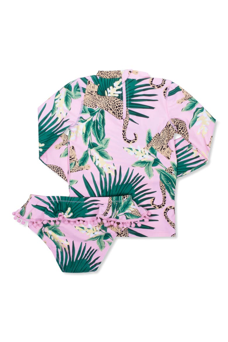 Kids' Tropical Leopard Long Sleeve Two-Piece UPF 50+ Rashguard Swimsuit, Alternate, color, PINK