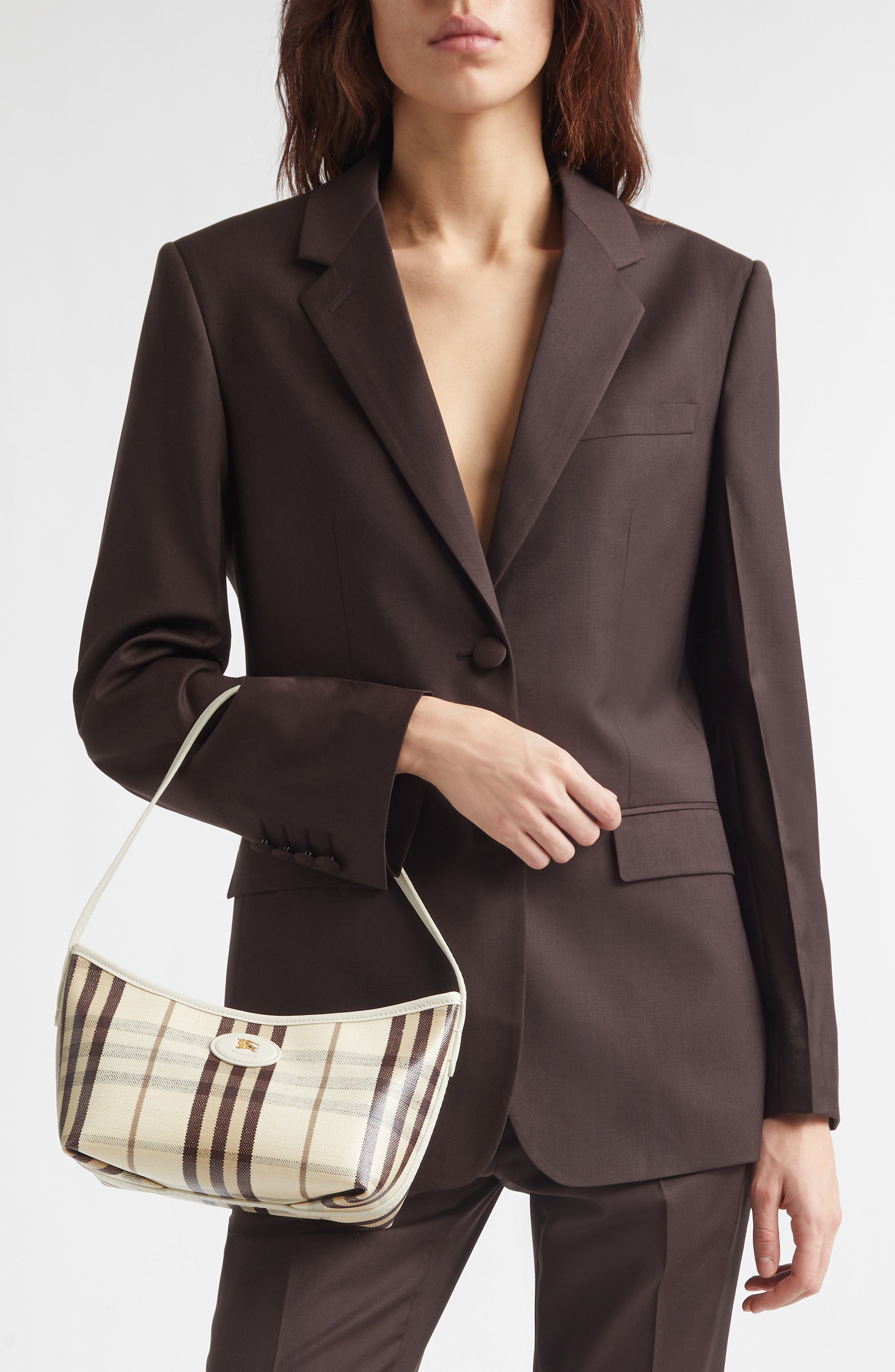 Burberry Highlands Check Coated Canvas Baguette Bag, Alternate, color, Light Beige