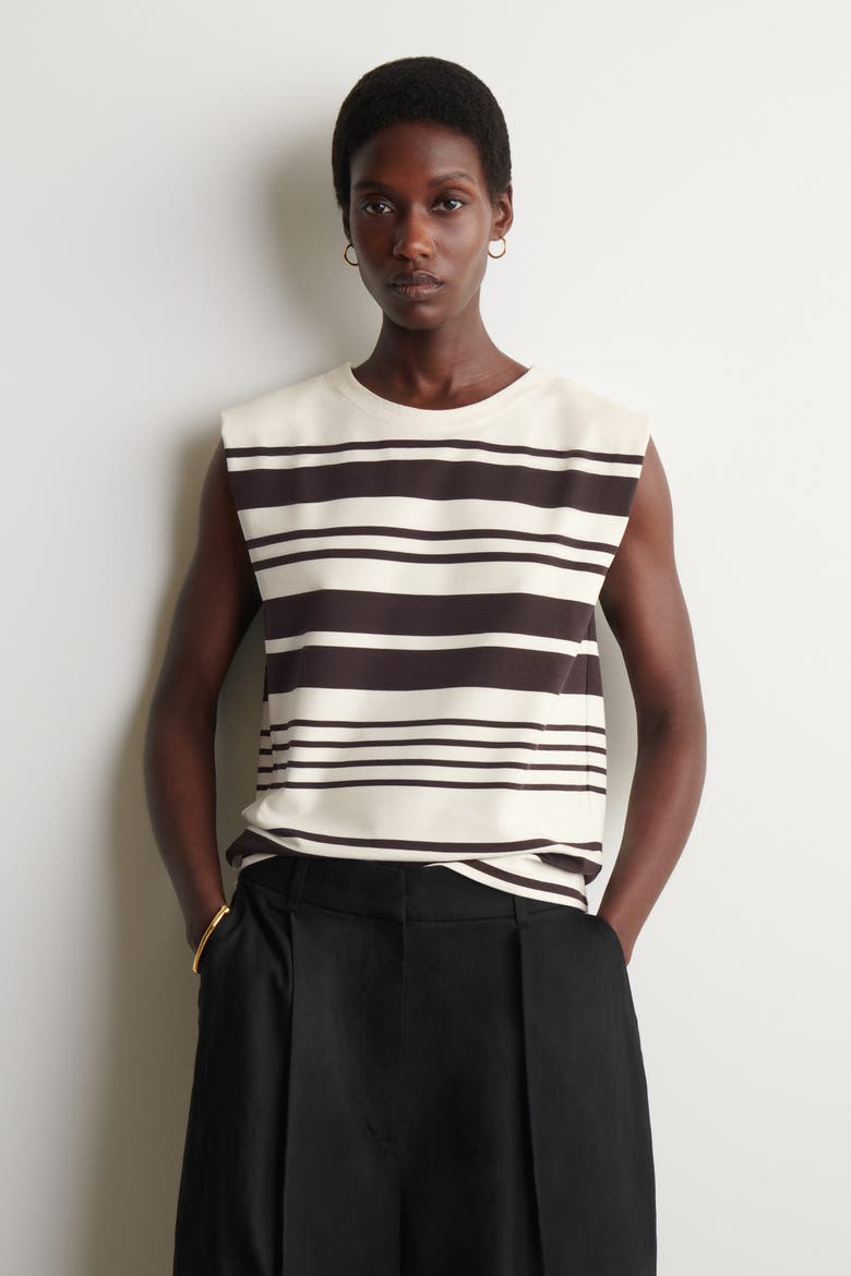 Folded-shoulder Cotton-jersey Tank Top, Main, color, WHITE / BROWN / STRIPED