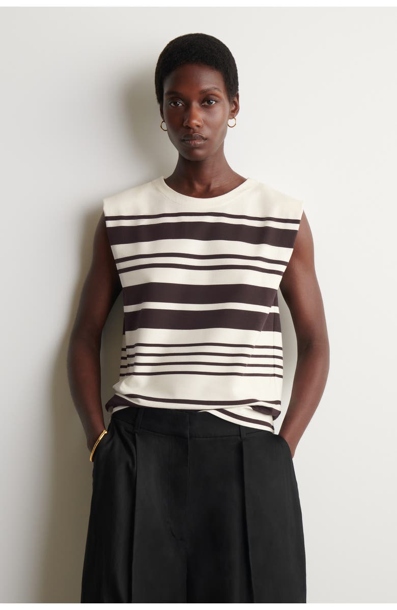 COS Folded-shoulder Cotton-jersey Tank Top, Main, color, White / Brown / Striped