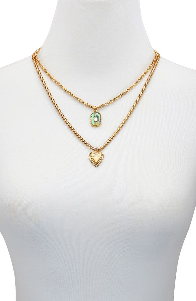 GUESS Heart Pavé Layered Pendant Necklace, Alternate, color, Gold Tone