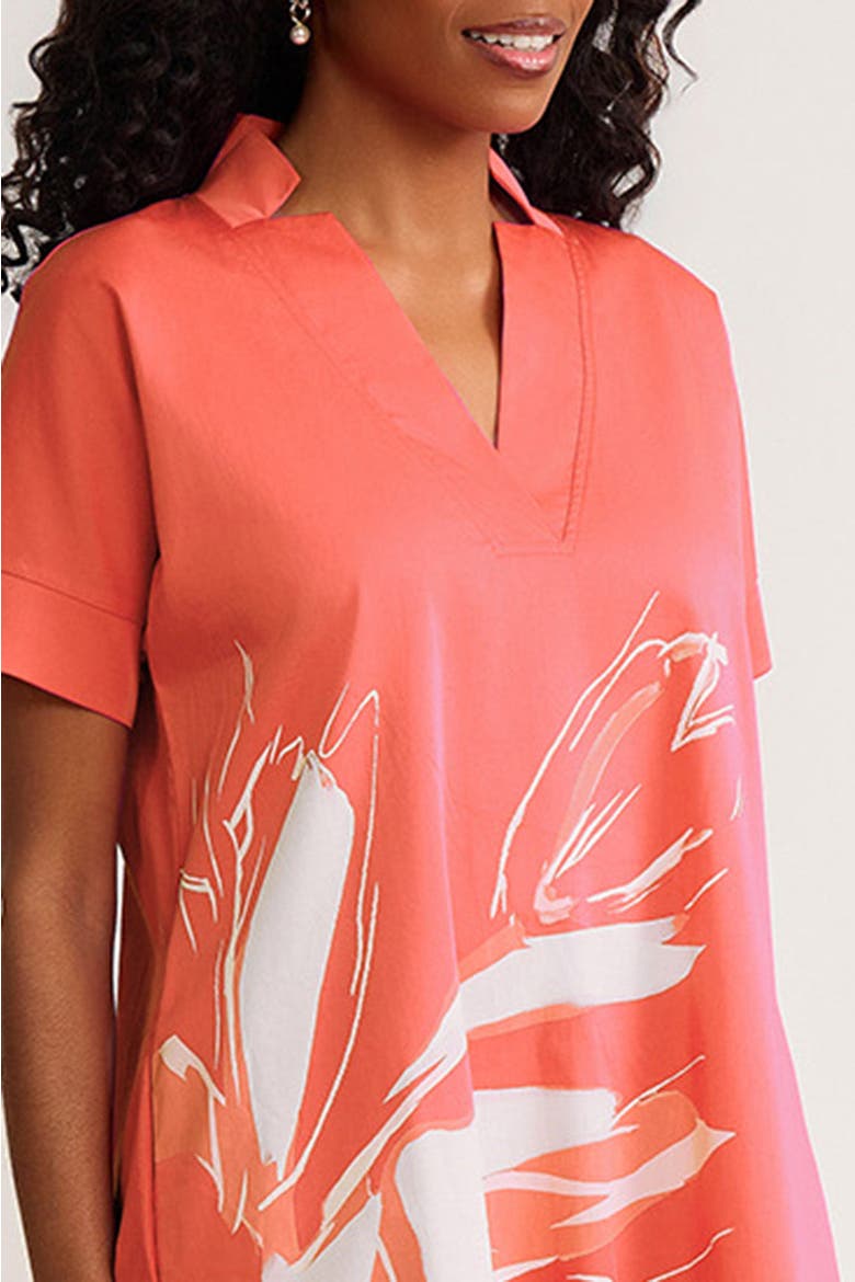 Relaxed A-Line Floral Printed Stretch Cotton Dress, Alternate, color, Sunkist Coral/White