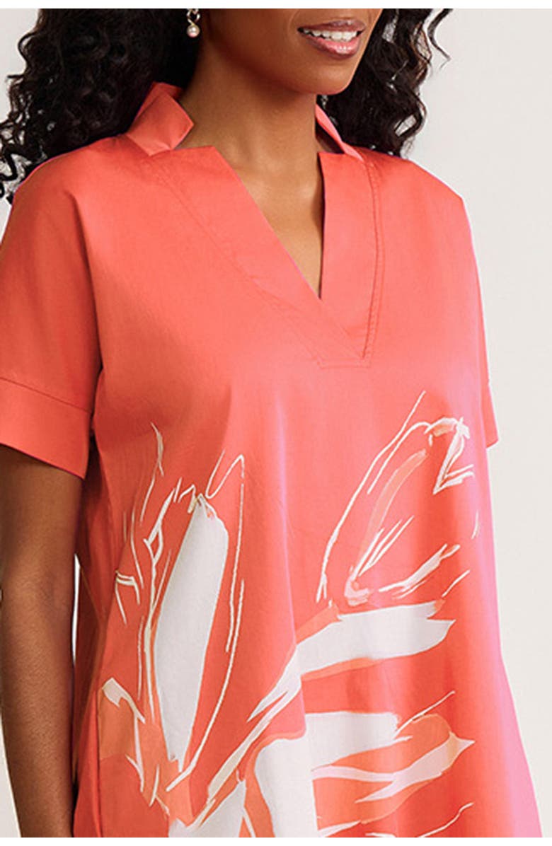 Ming Wang Relaxed A-Line Floral Printed Stretch Cotton Dress, Alternate, color, Sunkist Coral/White