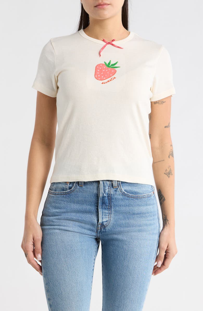 Ripple Junction Strawberry Sweetie Embroidered T-Shirt, Main, color, Coconut Milk