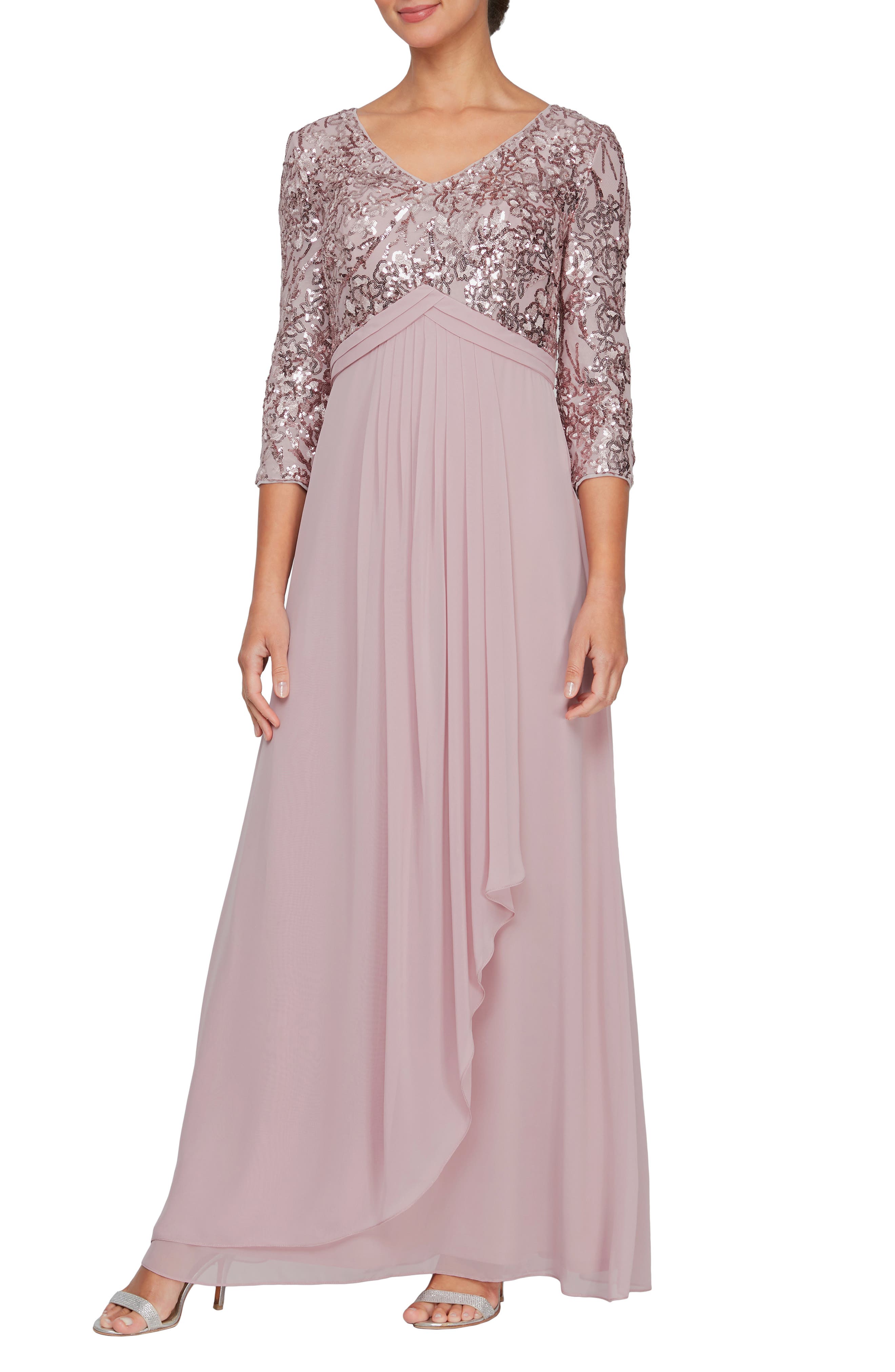 Alex Evenings Sequin Three-Quarter Sleeve Evening Gown