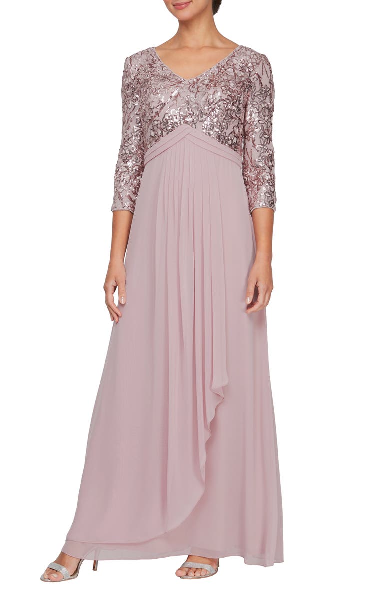 Alex Evenings Sequin Three-Quarter Sleeve Evening Gown, Main, color, Blush