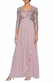 Alex Evenings Sequin Three-Quarter Sleeve Evening Gown