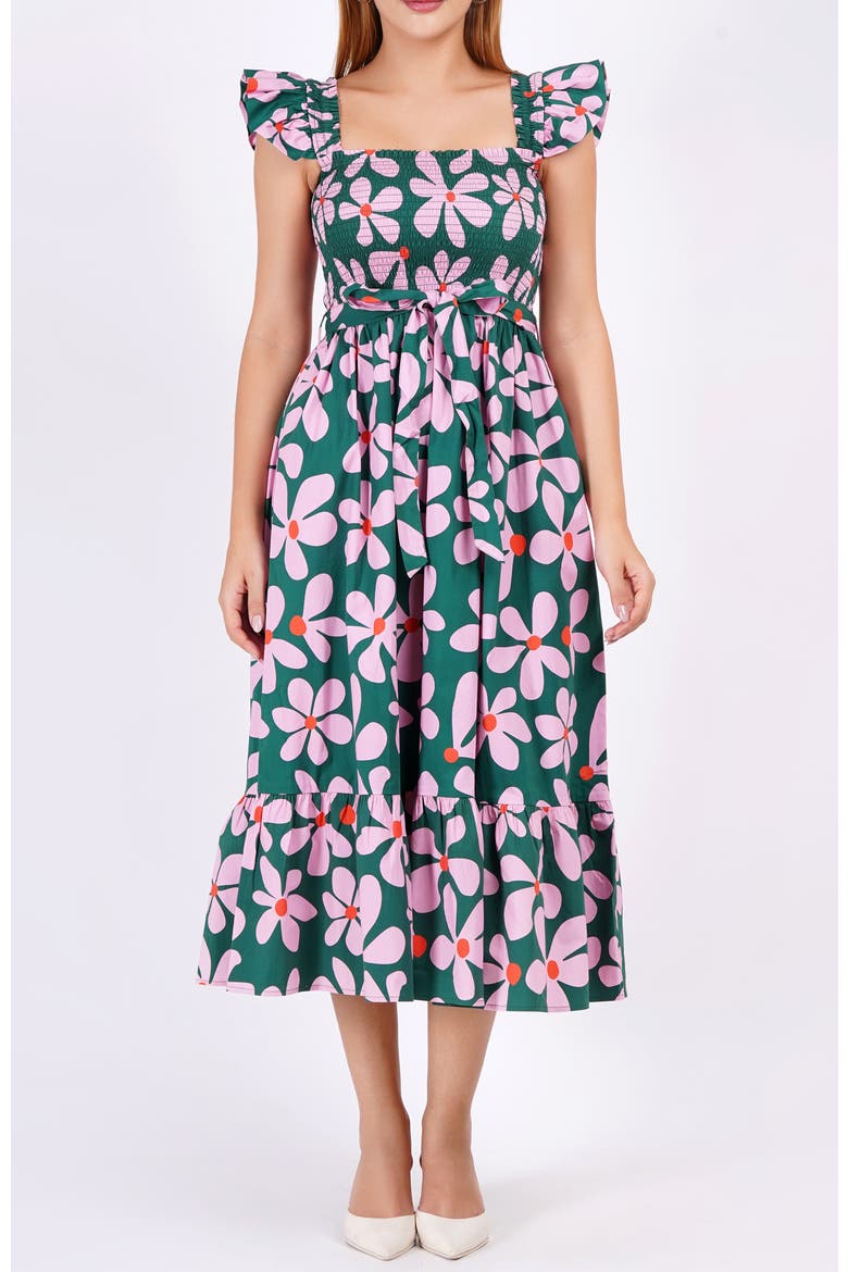 Ivanna A-Line Smocked Midi Dress, Main, color, Dancing Daisies Evergreen