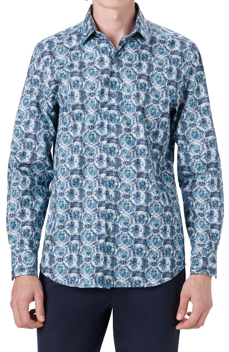 Bugatchi Shaped Fit Medallion Print Stretch Button-Up Shirt, Main, color, 