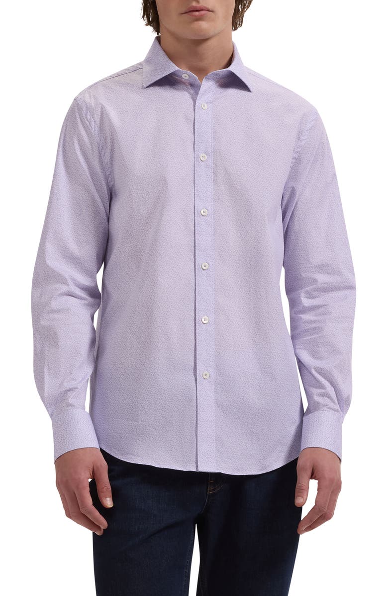 Bugatchi Axel Shaped Fit Geo Print Stretch Cotton Button-Up Shirt, Main, color, Lilac