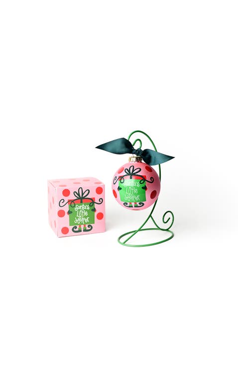 Pink Santa's Helper Gift Glass Ornament with Green Stand