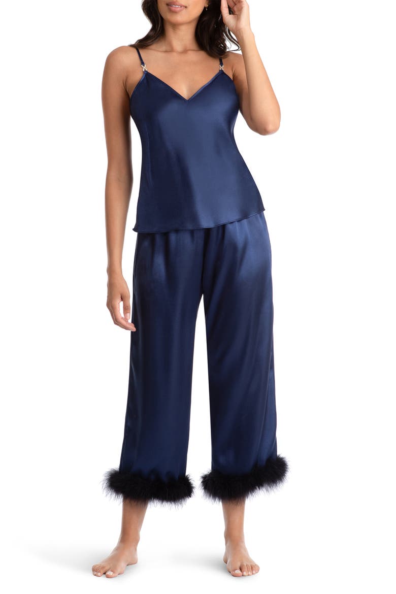 Noelle Feather Trim Satin Pajamas, Main, color, BRIGHT NAVY