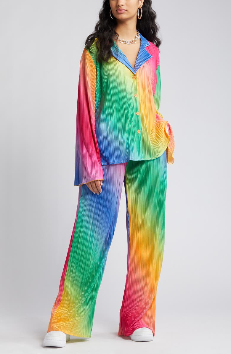 Dressed in Lala Notched Collar Plissé Top & High Waist Pants Set, Alternate, color, 