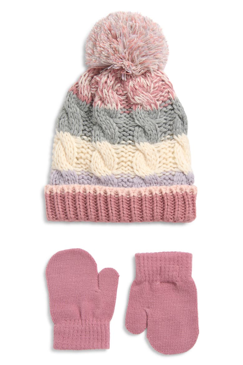Kids' Stripe Cable Knit Pompom Beanie & Gloves Set, Main, color, MAUVE