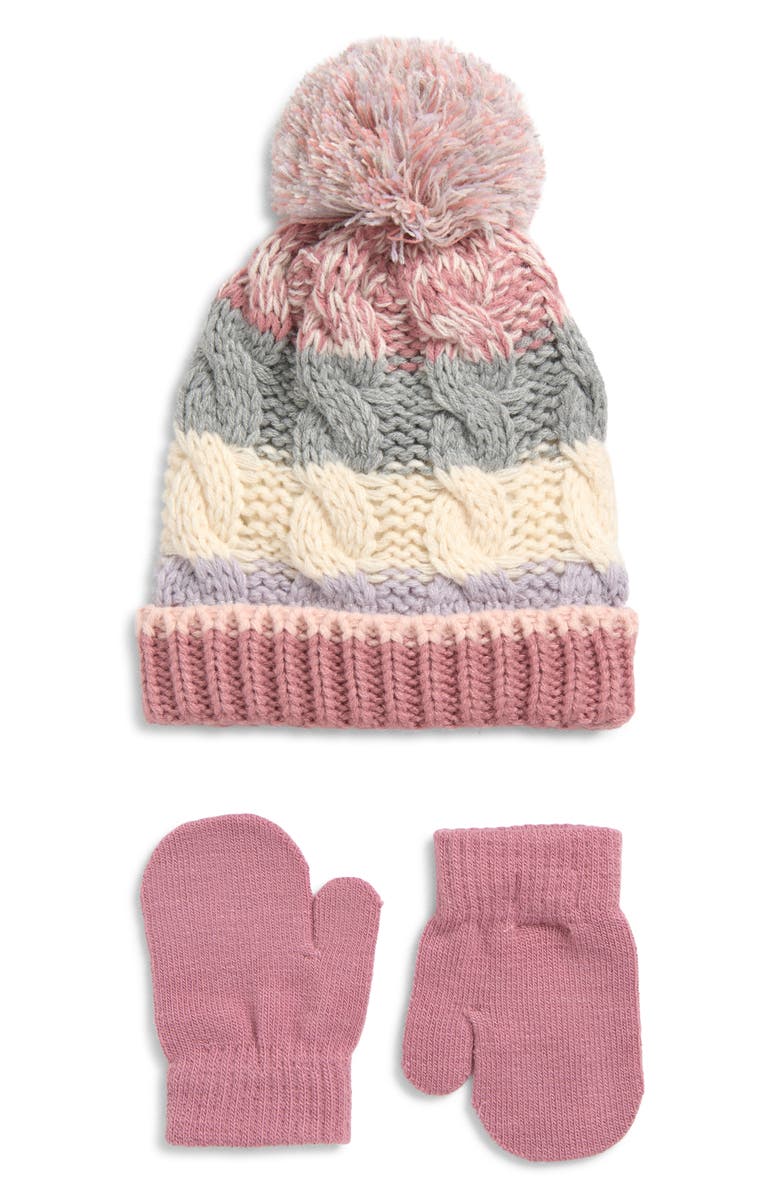 Capelli New York Kids' Stripe Cable Knit Pompom Beanie & Gloves Set, Main, color, Mauve