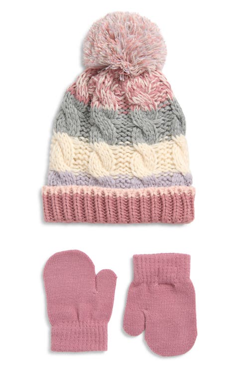 Kids' Stripe Cable Knit Pompom Beanie & Gloves Set (Baby)
