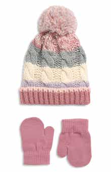 Capelli New York Kids' Stripe Cable Knit Pompom Beanie & Gloves Set