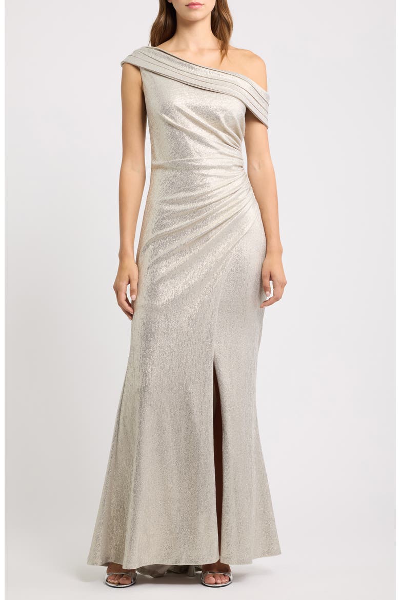 One-Shoulder Ruched Metallic Gown, Main, color, GOLD