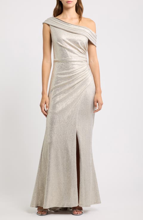 One-Shoulder Ruched Metallic Gown