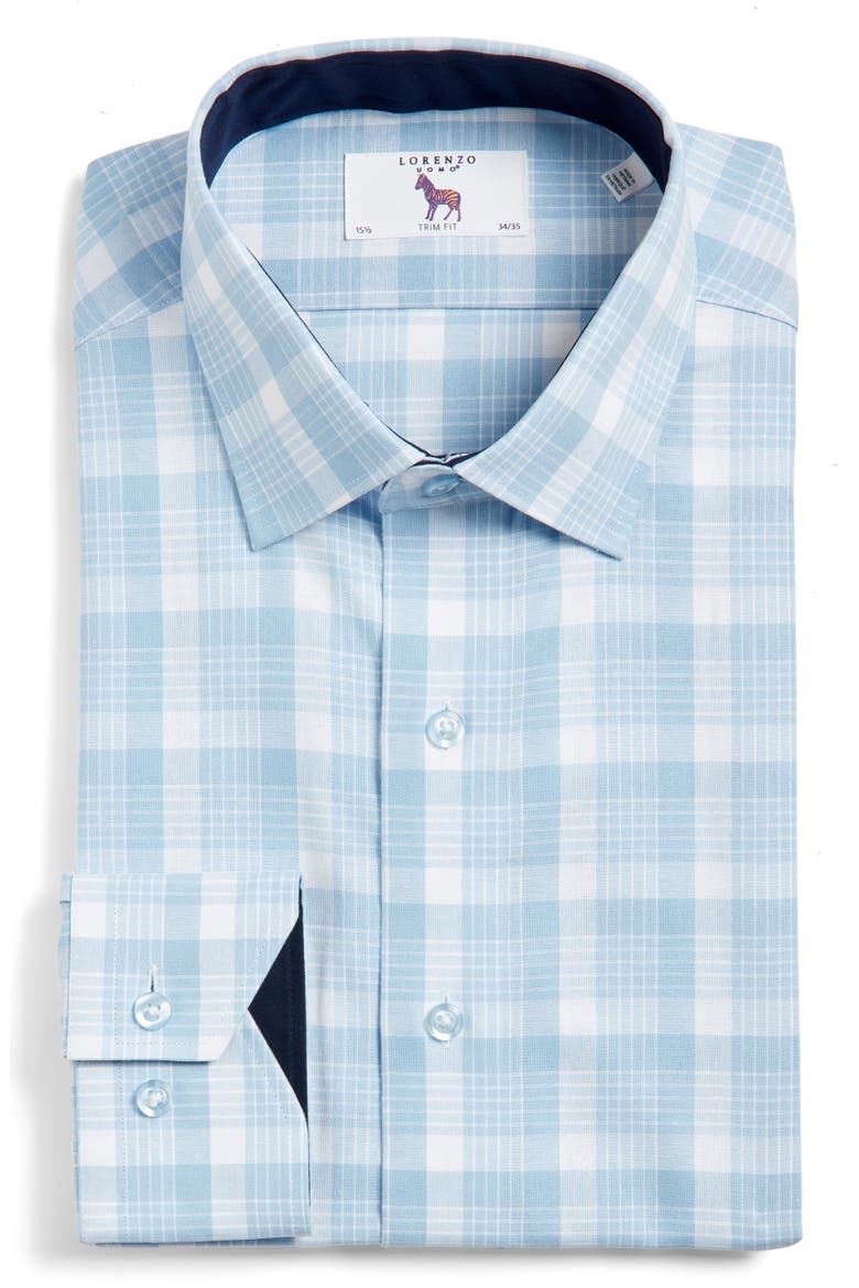 Trim Fit Plaid Check Cotton Dress Shirt, Alternate, color, LIGHT BLUE