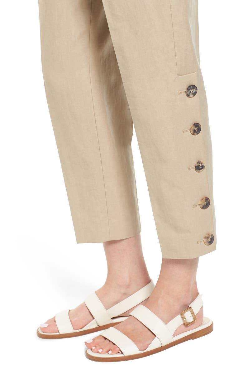 Button Side Crop Linen Blend Pants, Alternate, color, BEIGE HUMUS