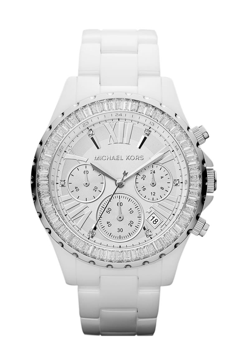 Michael Kors 'Madison' Crystal Bezel Ceramic Watch, 41mm, Main, color, WHITE