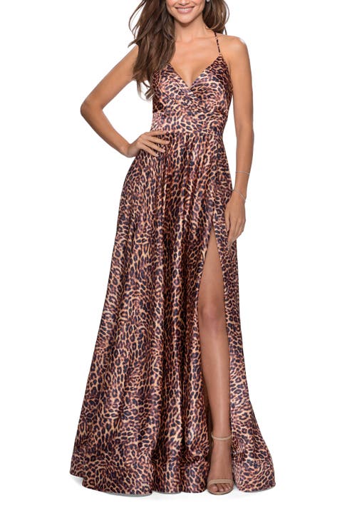 Leopard Print A-line Prom Gown with Tie Up Back