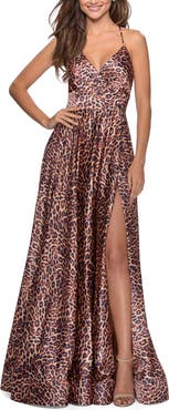 La Femme Leopard Print A-line Prom Gown with Tie Up Back