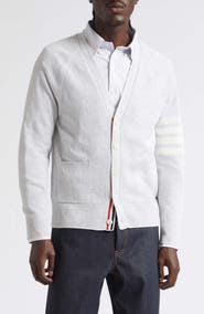 Thom Browne Relaxed Fit Crossover Tuck Stitch Linen & Cotton V-Neck Cardigan
