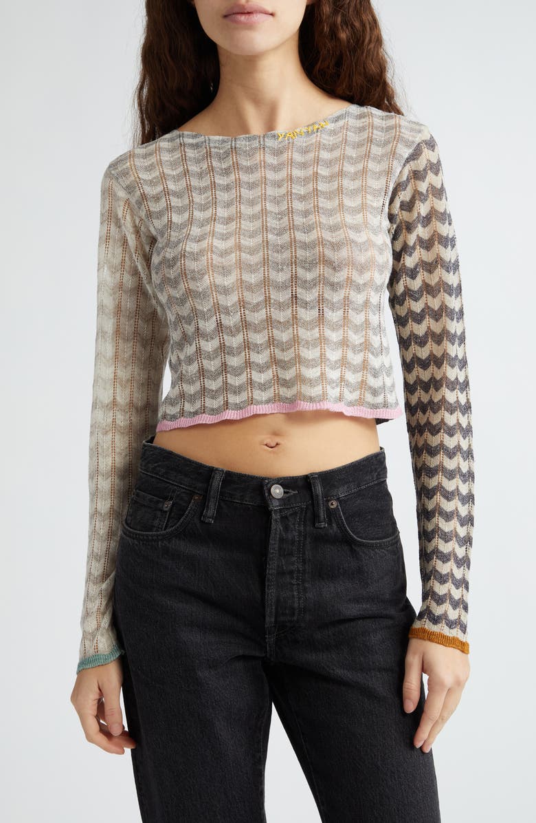 YanYan Tong Chevron Stripe Pointelle Stitch Crop Sweater, Main, color,