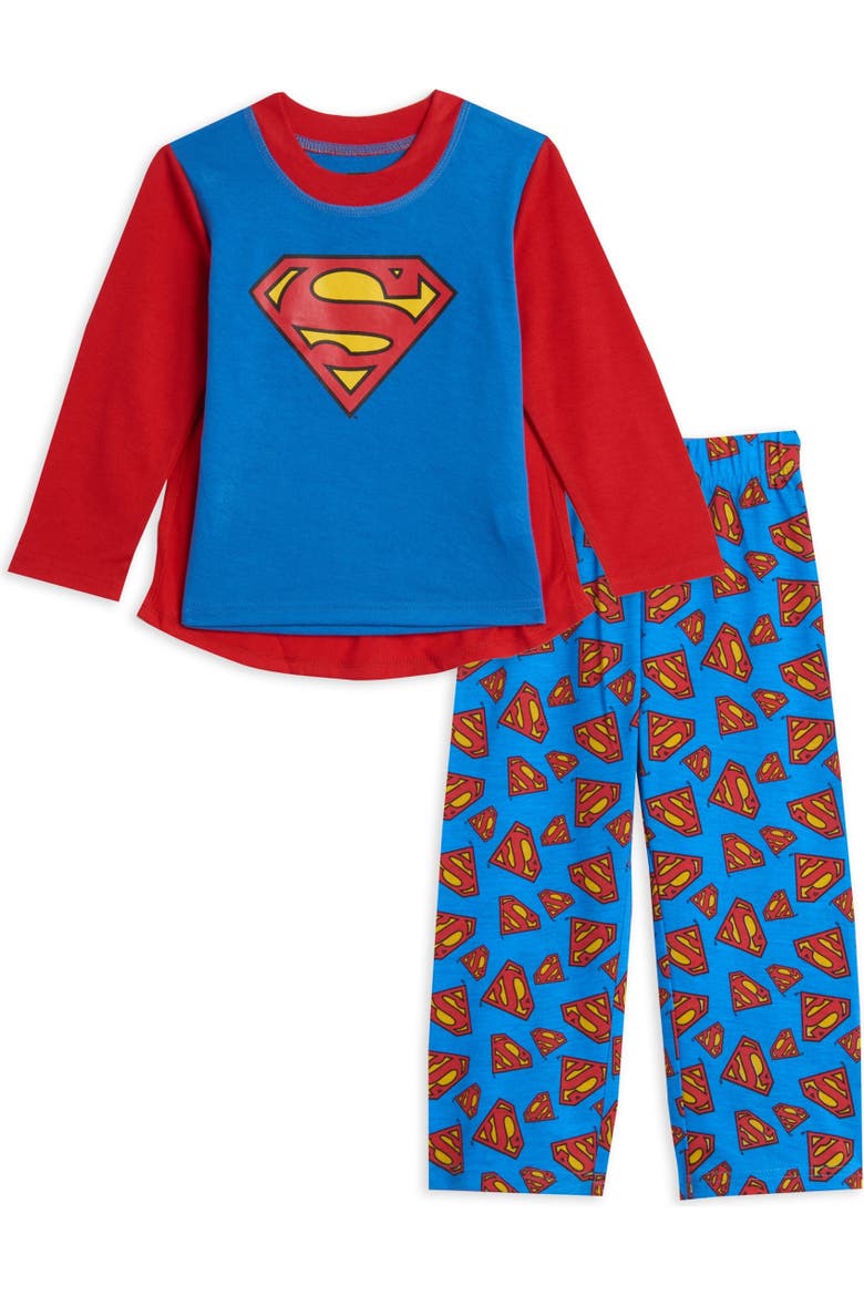 Justice League Superman 3 Piece Pajama Shirt Pants and Cape Set, Alternate, color, Superman Blue Red