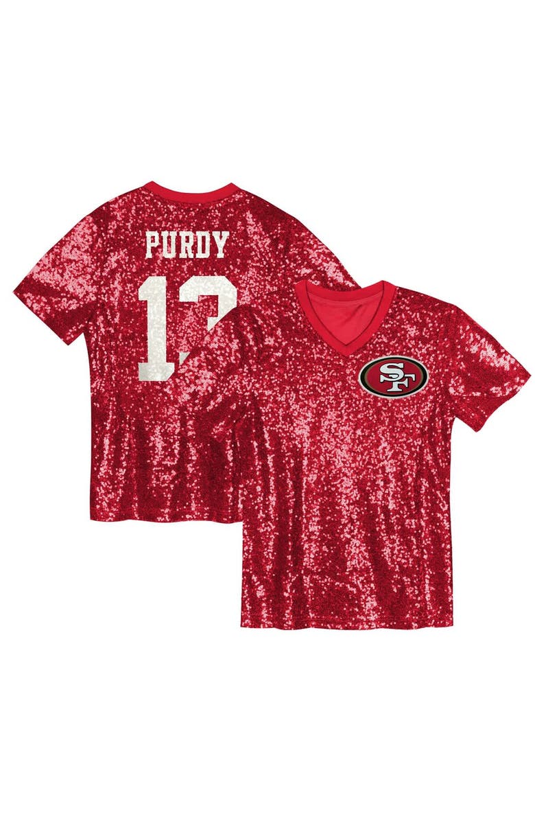 Outerstuff Girls Youth Brock Purdy Scarlet San Francisco 49ers Sequin V-Neck Fashion Jersey, Main, color, Scarlet