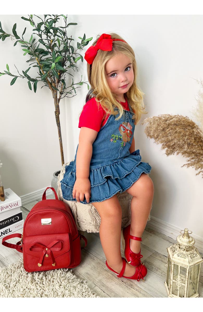 Mia Belle Girls Girls Owl Denim Overall Dress Set, Alternate, color, Red