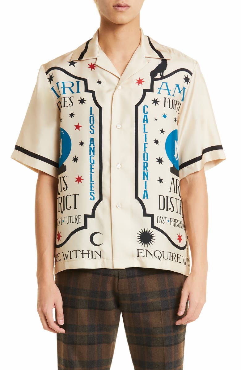 AMIRI Fortune Print Silk Bowling Shirt, Main, color,
